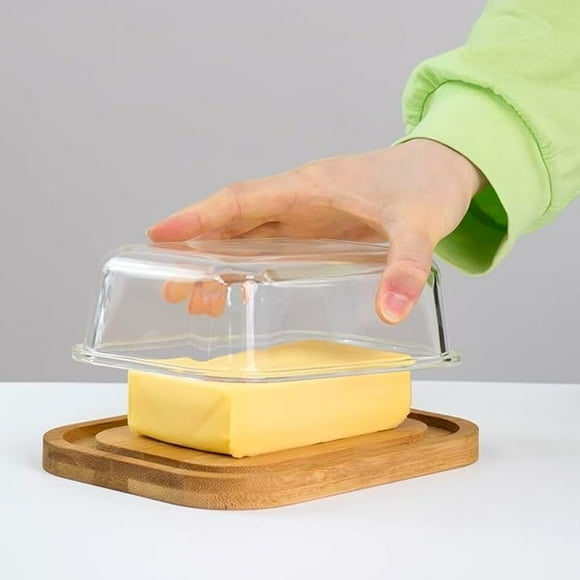 Borosilicate Glass Butter Dish With Bamboo Lid, Transparent | Borosilicate Glass Container For Storage | Microwave Safe | Bamboo Butter Board | Container For Kitchen | Butter Tray (Light Brown)