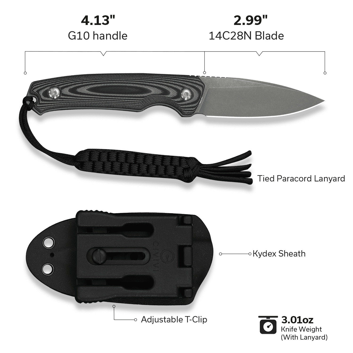 CIVIVI Altus Fixed Blade Knife with Black Kydex Sheath & T-Clip, Tactical Knife with 2.99" Gray Stonewashed 14C28N Blade Gray and Black Layered G10 Handle C20076B-2, With 1PC Black Lanyard