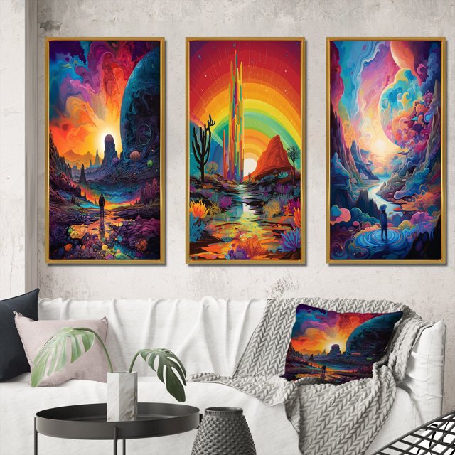 Designart "Visionary Rainbow Mystery Landscapes III" Abstract Landscape Framed Wall Art Set Of 3 - Multicolor Abstract Landscapes Frame Canvas Set For Living Room Decor
