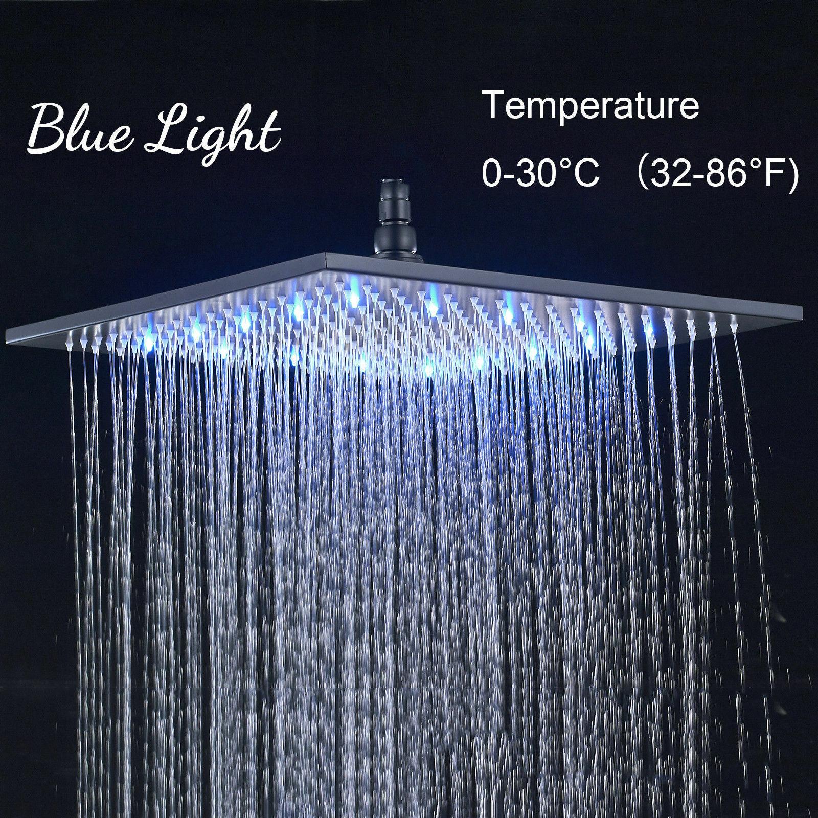 LED Black Square 16 Inch Rain Shower Head High Pressure Top Sprayer Solid Brass
