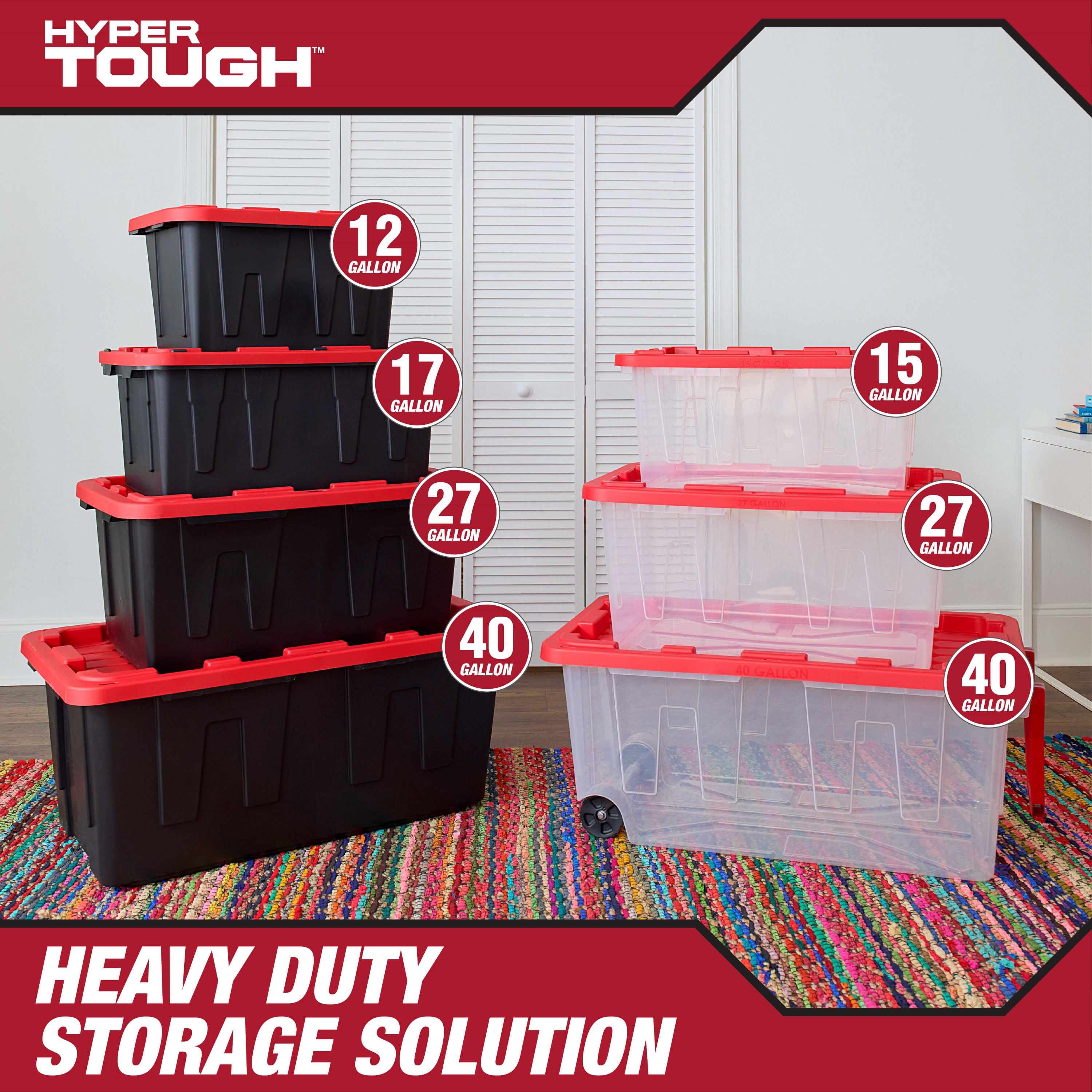 Hyper Tough 15 Gallon Clear Storage Bin with Red Snap Lid, Heavy Duty Plastic Storage Container