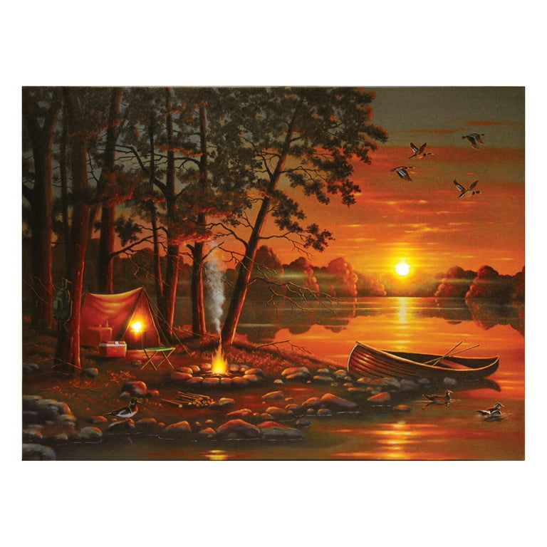 Fall Sunset at a Lake Cabin LED Light Up Canvas Print