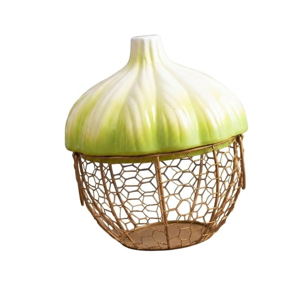 Cesta de almacenamiento de jengibre y ajo, soporte de cerámica, hierro tejido, portátil, hueco, versátil. Verde