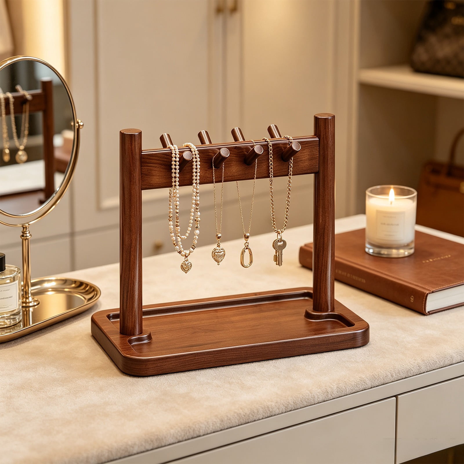 PONPRNGY Wooden Tray with Hooks, Nightstand Desk Organizer Holder for ...