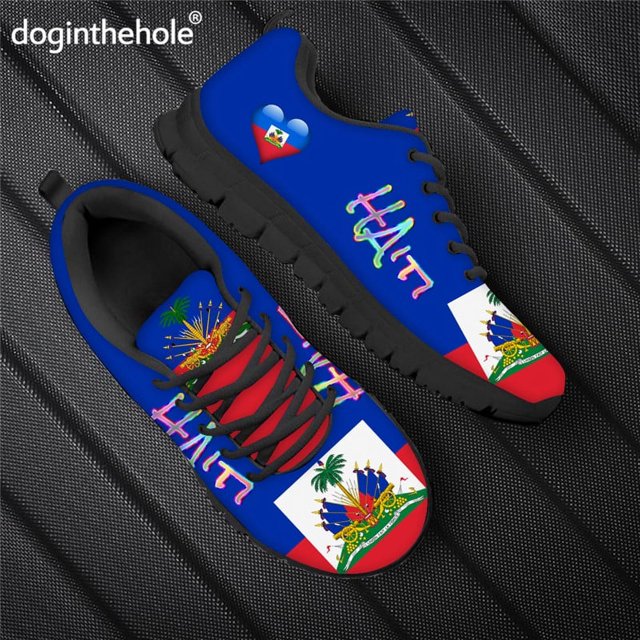 Zapatillas Doginthehole con estampado de la bandera de Haití, informales, ligeras, de malla transpirable, para hombre, con logotipo personalizado, pedido mínimo 1