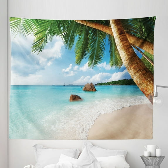 Beach Tapestry, Green Palm Trees Clear Blue Water Sandy Exotic Seashore Rocks and Hills in Distance, Fabric Wall Hanging Decor for Bedroom Living Room Dorm, 5 Sizes, Multicolor, by Ambesonne