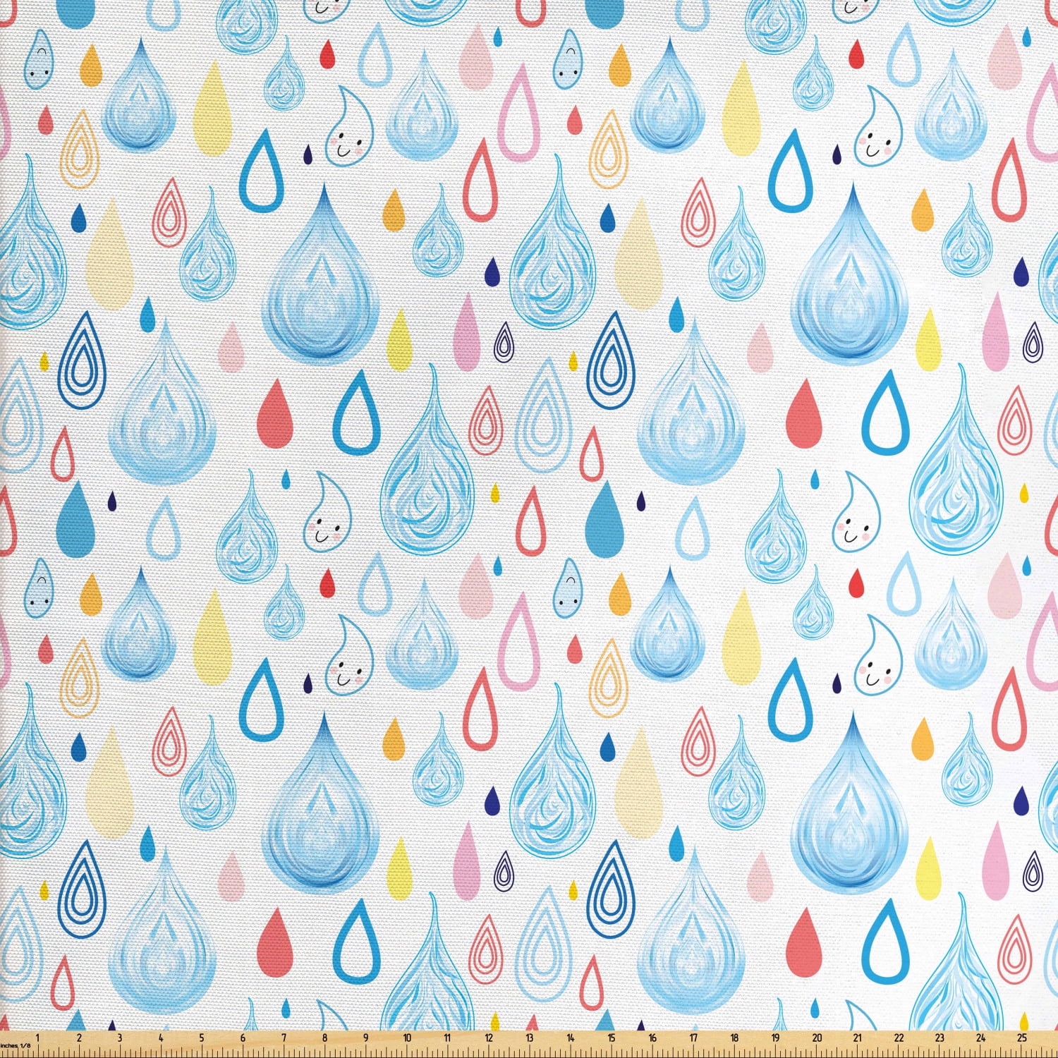 Rain Fabric by The Yard, Various Large and Small Heavy Rain Drops Fluid