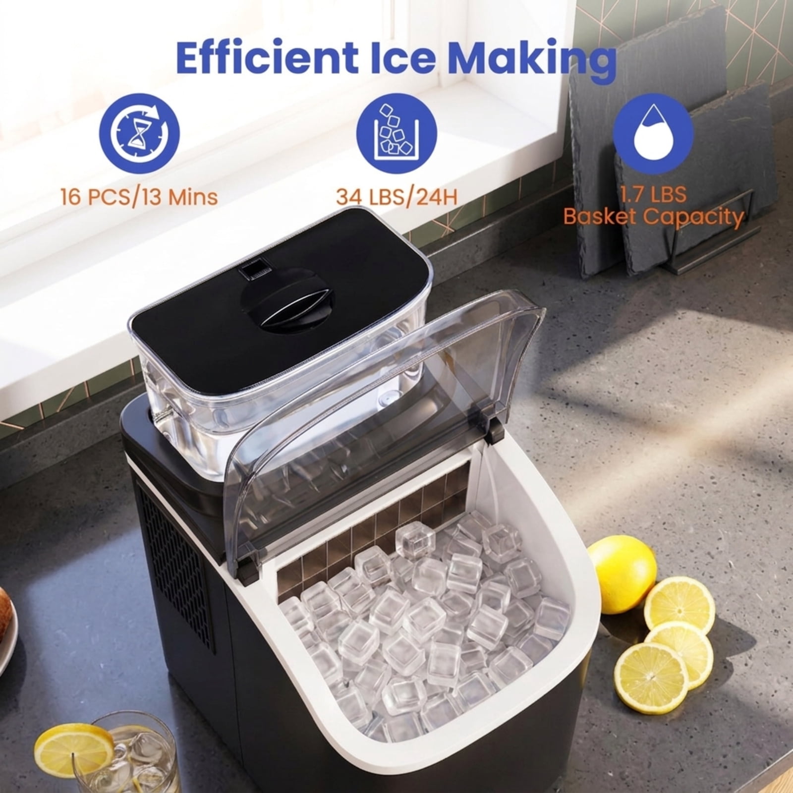 RUIE Countertop Ice Maker Machine 34 lbs/Day, Portable Ice Cube Maker with External Water Tank Self-Cleaning and 13 Thickness Levels, Black