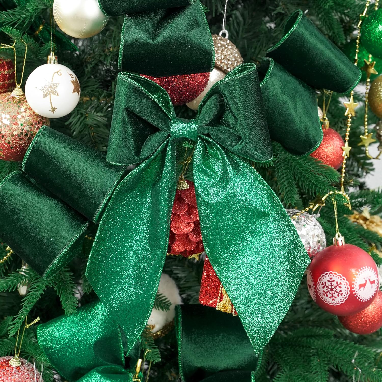 Velvet Wired Ribbon 4 Inch Forest Green Christmas Tree Double-Sided Glitter Wire for Wreaths, Tree Top Bows, Garland, Staircases, Decor Crafts - 10 Yards