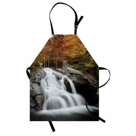 

Waterfall Apron Water Falls to The Lake through Rocks Surrounded by Fall Season Trees Unisex Kitchen Bib Apron with Adjustable Neck for Cooking Baking Gardening White Green and Orange by Ambesonne