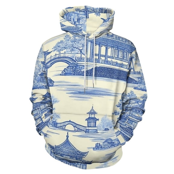 Blue Willow Ceramic Background Texture Men's Women Vintage 3D Hooded Sweatshirt - All-Season Loose Fit Streetwear