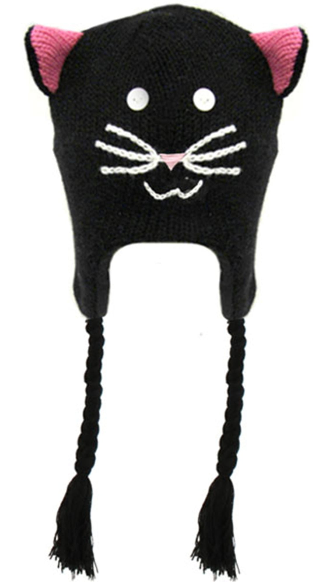 Animal Knit Winter Fleece Ski Beanie Hat with Ear Flaps, Cat