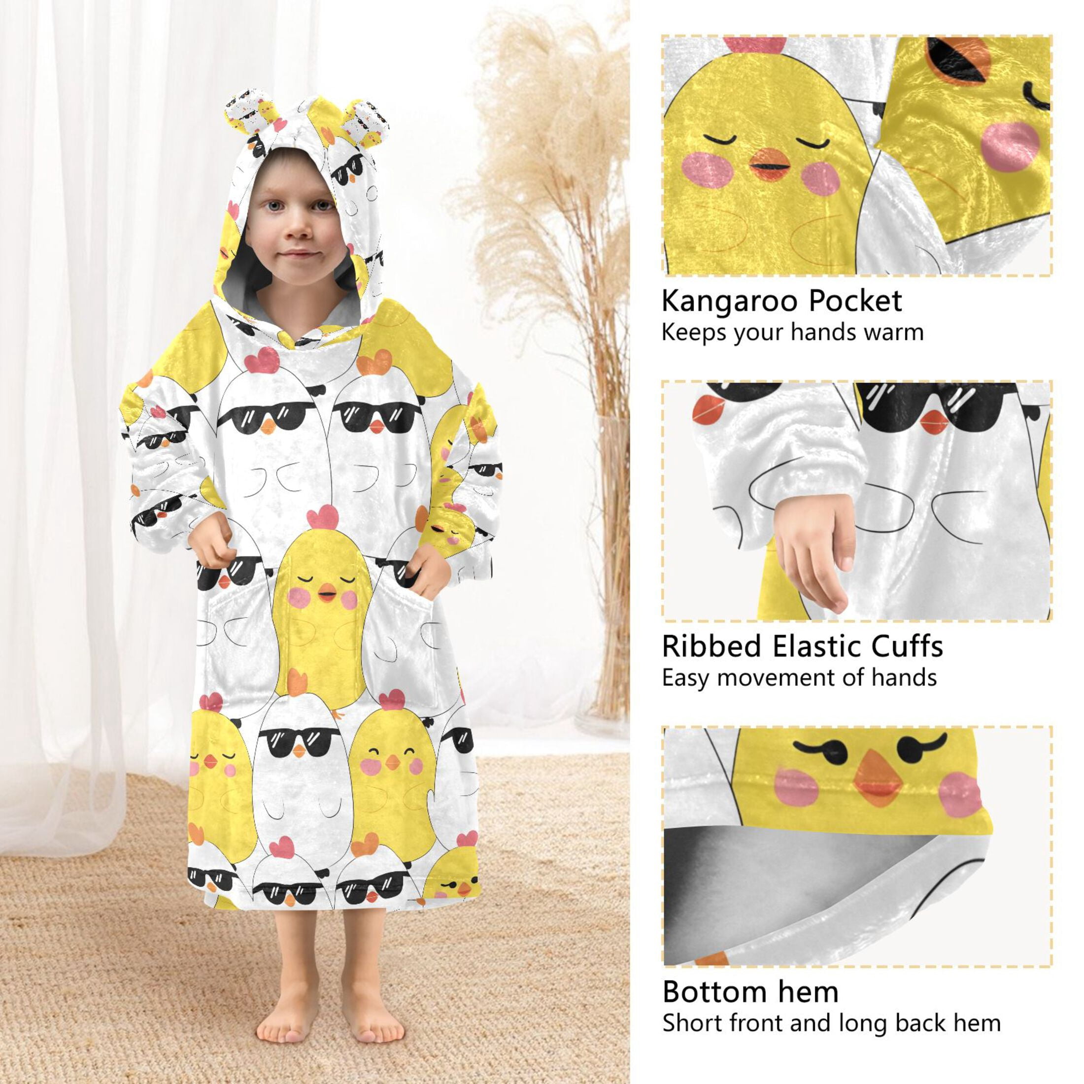 joogoo Blanket Hoodie for Cute Chicken with Sunglasses Oversize Sweatshirt 3-14 YR L
