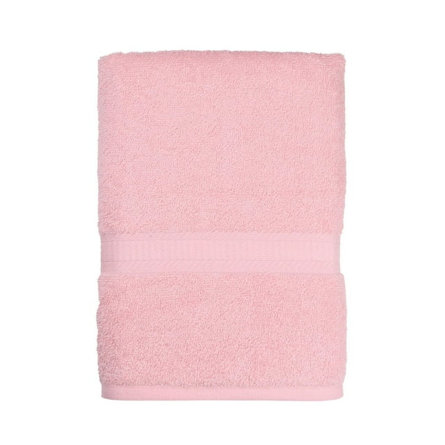 Soft pink Mainstays Basics solid bath towel neatly folded showing its plush texture and decorative band.
