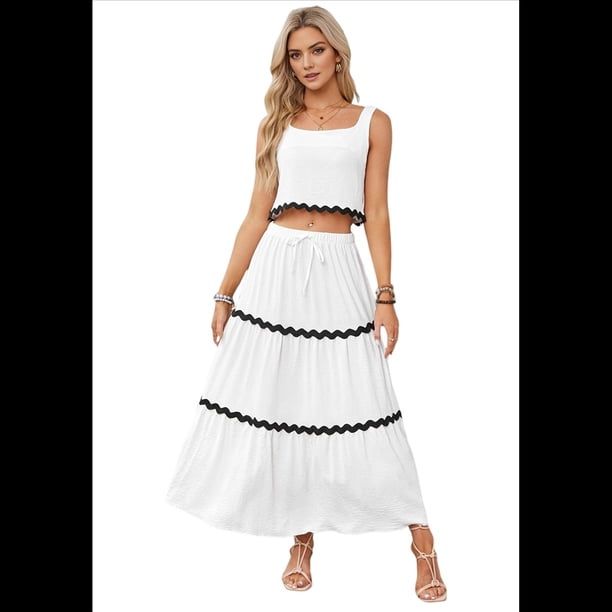 Conjunto de Playa de Verano de 2 Piezas para Mujer, Informal, Sin Mangas, Camiseta Corta y Falda Larga de Cintura Alta. S