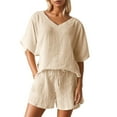 thumbnail image 3 of ibiyuan Outfits For Women 2 Piece Sets Women's Summer Casual Outfit Pleated Short Sleeve Top and Shorts Two Piece Set, 3 of 9