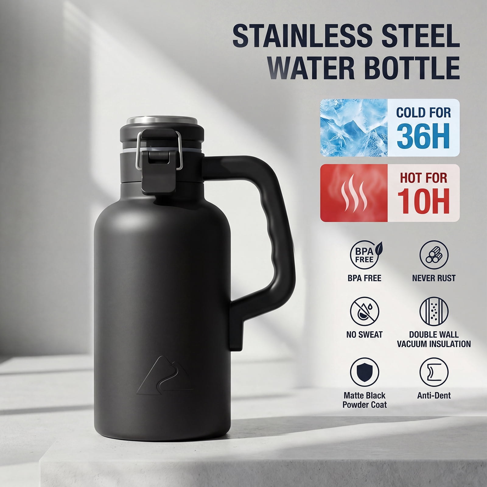 Ozark Trail 48oz Stainless Steel Insulated Growler, Leak-Proof Travel Bottle, Black