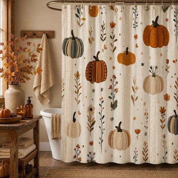 Autumn Pumpkin Shower Curtain Fall Watercolor Floral Bathroom Decor Fabric 71x71 inches
