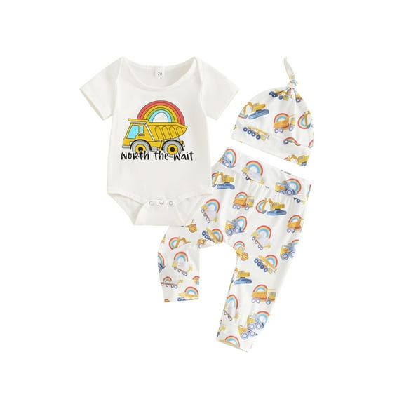 Newborn Baby Boys Farm Outfit Cow Vehicle Print Short Sleeve Romper  Pants  Hat Set Summer Infant Country Clothes