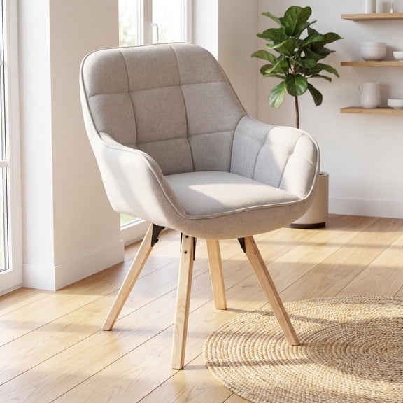 FurnitureR Modern Accent Chair with Wood-Effect Metal Legs, Mid-Century Upholstered Armchair for Dining Room and Living Room, Light Gray