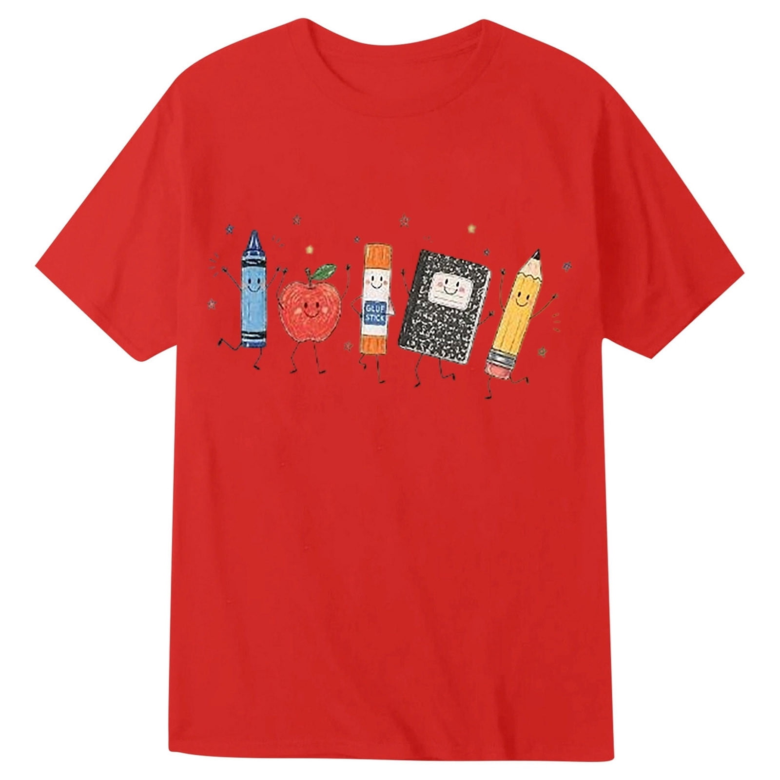 Kids Back To School Graphic Short Sleeve T-Shirt Unisex Crew Neck Cute School Supply Print Casual Tee for Boys Girls Daily School Outdoor Wear(Red 6-7 Years)