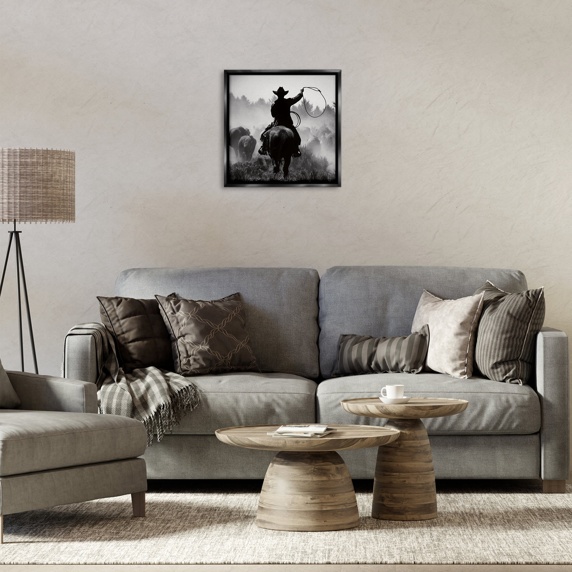 Stupell Industries Cowboy Swinging Lasso People Photography Black Floater Framed Canvas Art Print Wall Art, 18 x 18