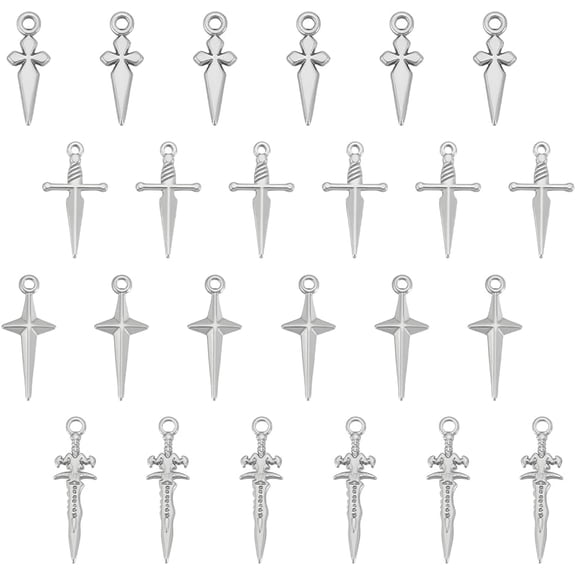 24Pcs 4 Styles 304 Stainless Steel Pendants Sword Charm Stainless Steel Color 23.5~30x9~13.5x1.5~2mm Hole: 1.4~2.5mm 6pcs/style