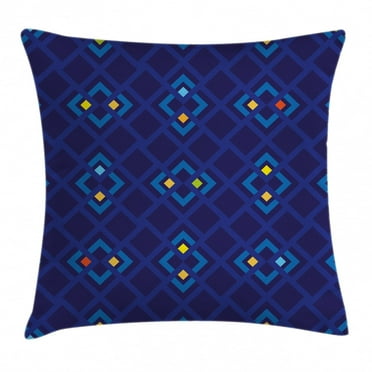 Navy Throw Pillow Cushion Cover, Abstract Shabby Chic with Geometric Inner Squares with Colors Artful Pattern, Decorative Square Accent Pillow Case, 16 X 16 Inches, Indigo Coral Yellow, by Ambesonne