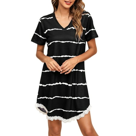 

MEGAWHEELS Stripe Casual Nightdress Loose Short-Sleeved Lace Pajamas