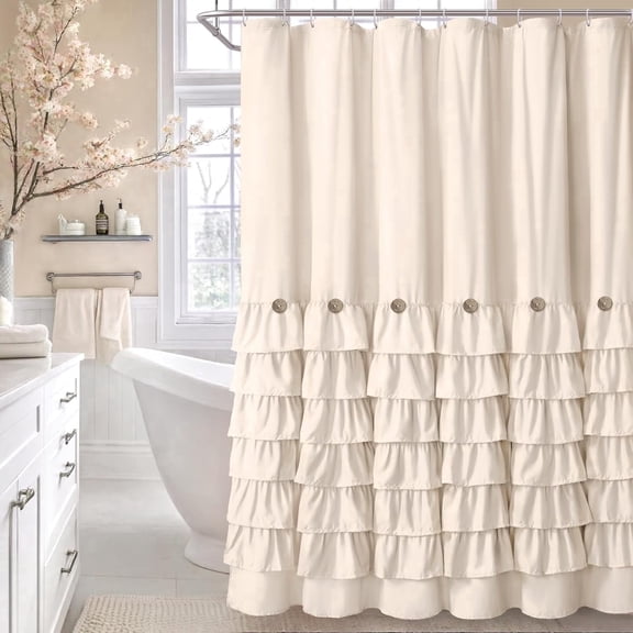 Ruffle Farmhouse Shower Curtain, Cream Vintage Shower Curtains for Bathroom Fabric Cute Rustic Cloth, 72" W X 72" L Inch