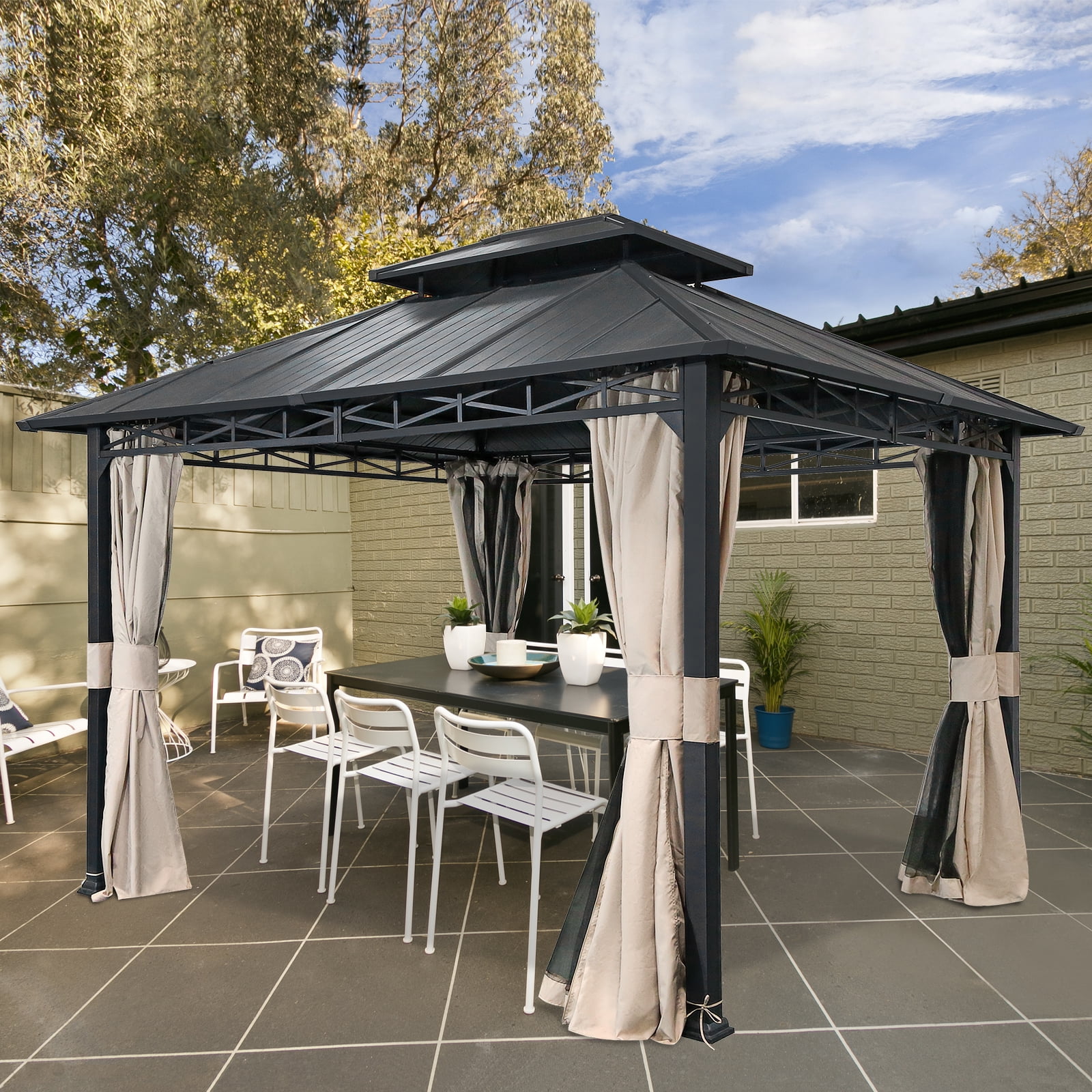 Outsunny 12' x 10' Polycarbonate Hardtop Gazebo Outdoor w/ Double Roof Netting 