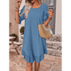 thumbnail image 5 of Vestido Corto Holgado con Mangas Abullonadas, Bajo con Volantes, Cuello Redondo y Fruncido, Color Azul Pavo Real XL, 5 of 10