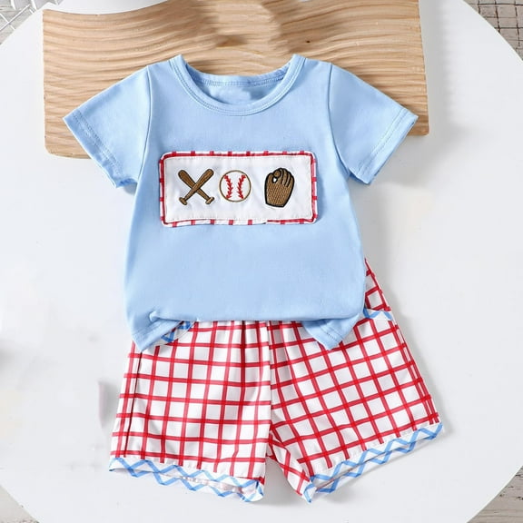 DAETIROS Outfit Sets for Little Boys-Casual Soft Cotton Graphic Short Sleeve Shirt and Cute Plaid Shorts Boys Summer Clothes on Sale Blue Size 0-3