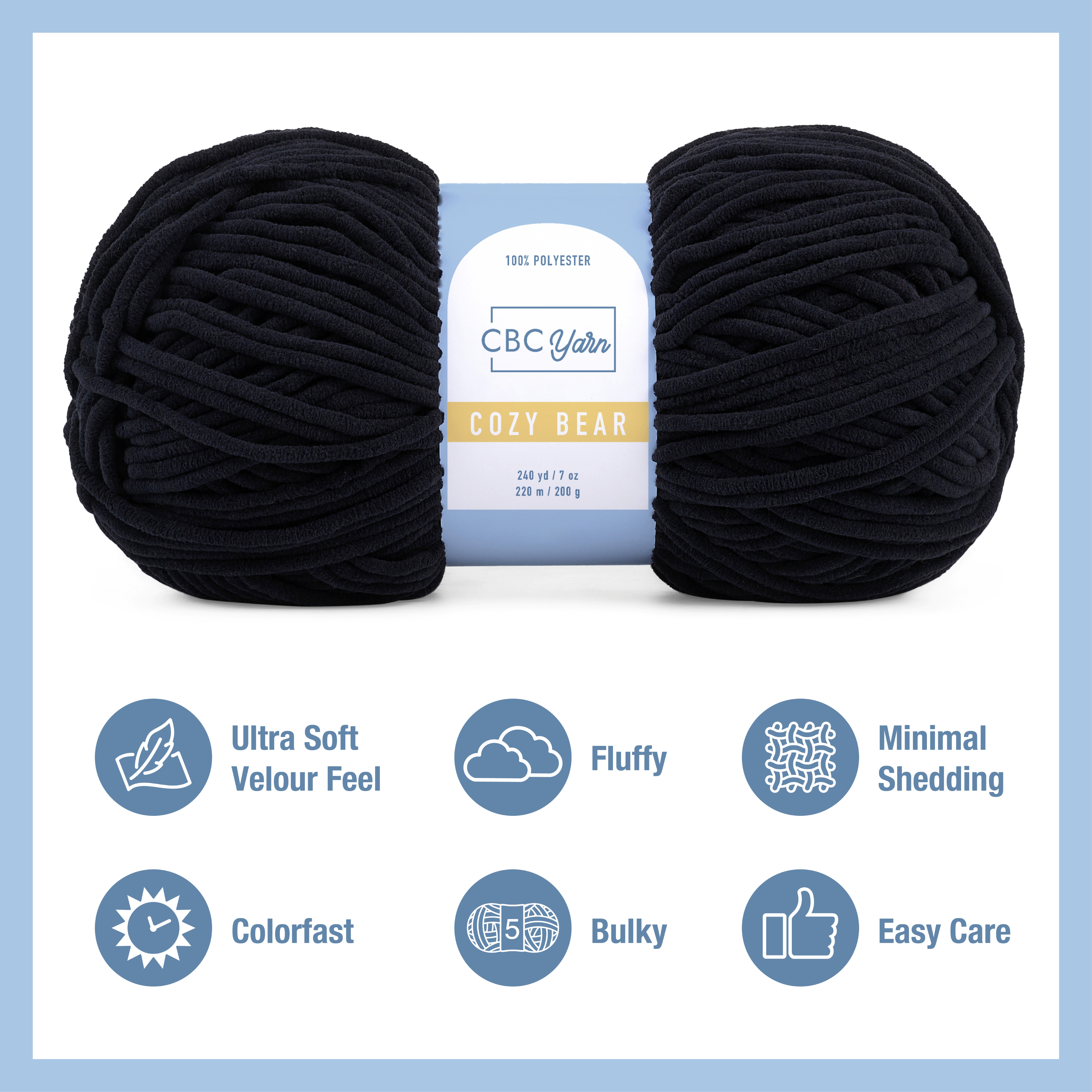 CBC Cozy Bear Gauge 5 Bulky Yarn - 2 Pack (7 oz / 200 g, 240 yards Each Skein), Black, Chenille Yarn for Crocheting, Knitting, and Amigurumi