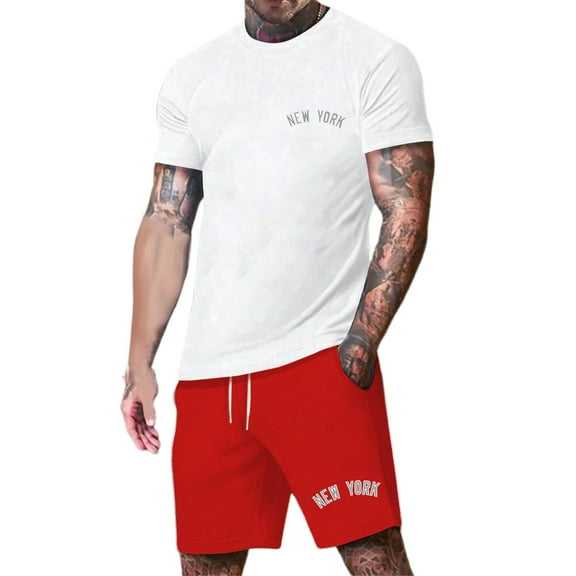 Mens Tracksuits 2 Piece Set Big and Tall Graphic Print Streetwear Short Sleeve Set Athletic Fit Loungewear Walking Sets Red,S