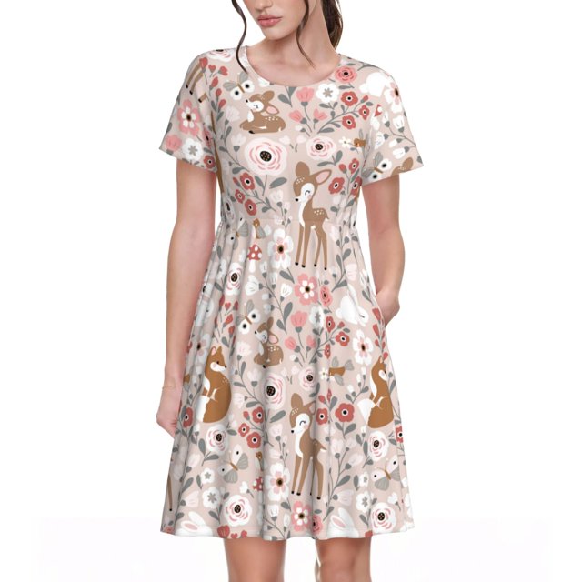 Easygdp Autumn Floral Deer para Vestido Transpirable de Mujer, Vestido Suelto de Manga Corta con Pliegues y Bolsillos para el Verano