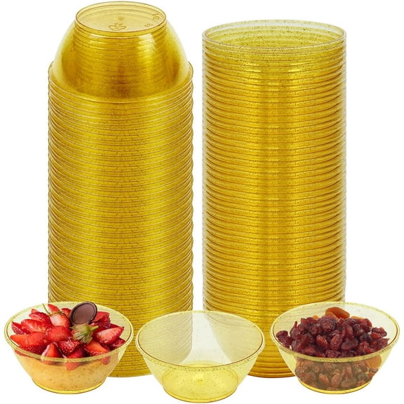 100Pack Mini Plastic Bowls - 6oz Disposable Hard Plastic Dessert Bowls for Serving, Premium Ice Cream Cup, Glittered Gold Snack Bowl for Parties, Serving Bowl Party Supplies(Gold)