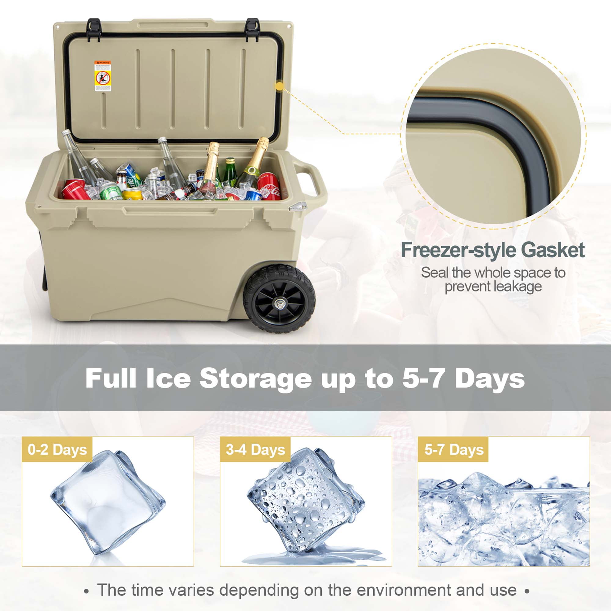 Costway 75 Qt Portable Cooler Roto Molded Ice Chest Insulated 5-7 Days with wheels Handle Tan