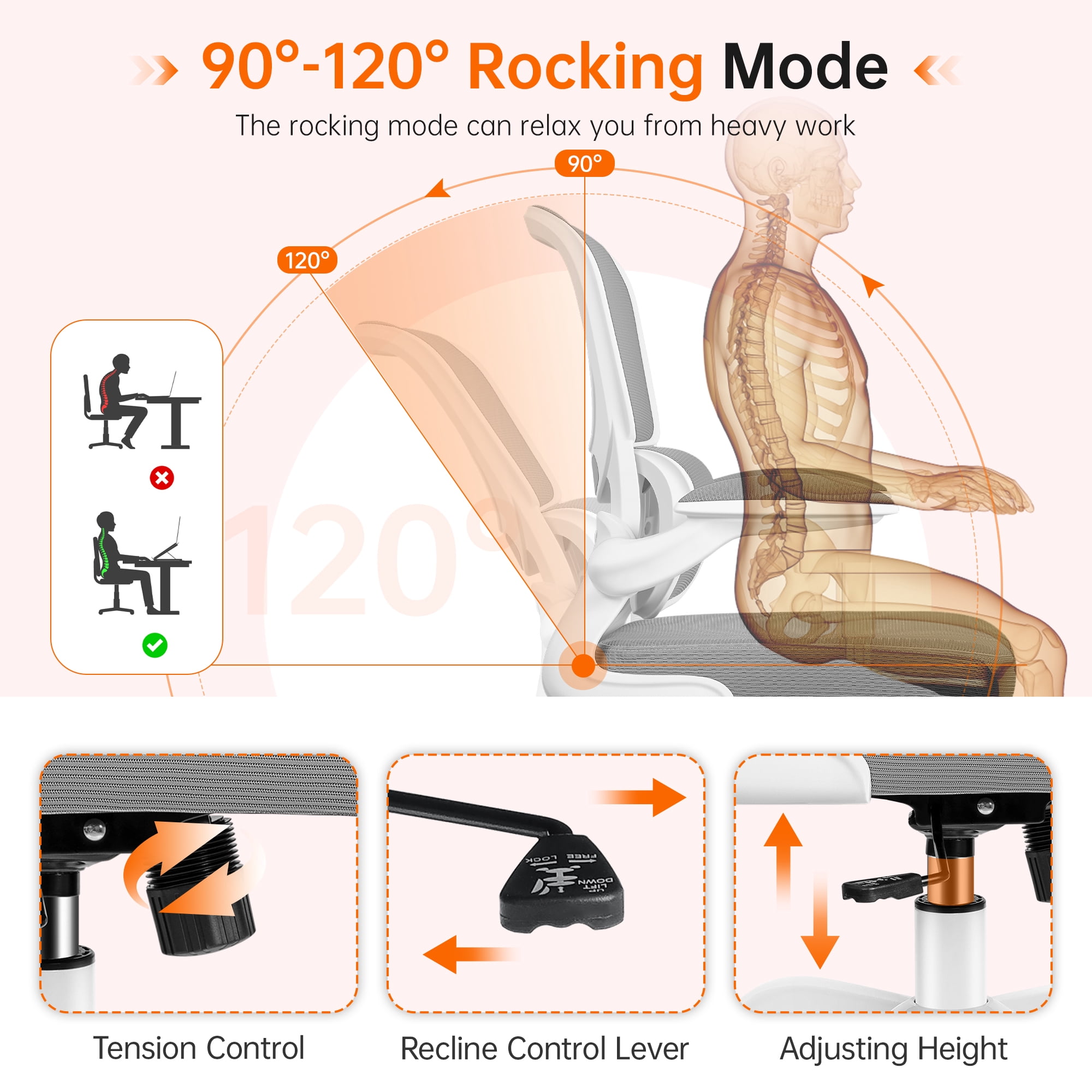 COOLHUT Office Chair, Ergonomic Desk Chair with Lumbar Support and Adjustable Armrests, Breathable Mesh Computer Gaming Chair, Reclining Task Chair for Home Office, Light Gray