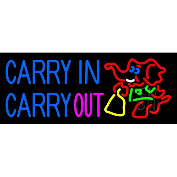Carry In Carry Out With Elephant LED Neon Sign 13 x 32 - inches, Black Square Cut Acrylic Backing, with Dimmer - Bright and Premium built indoor LED Neon Sign for restaurant window and interior decor.