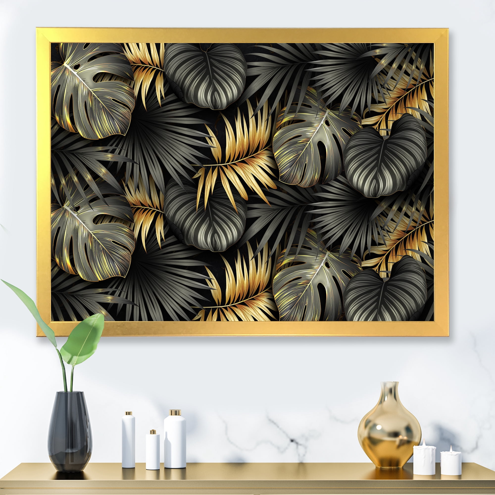 Designart 'Gold and Black Tropical Leaves II' Modern Framed Art Print