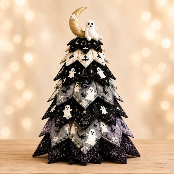 DIY Halloween Quilted Fabric Tree Kit, Sewing Project, Holiday Mantel Decor | Handmade Gift for Craft Lovers, Black Cat Pumpkin Witch Design, Charming Patchwork Bundle(Ghost)