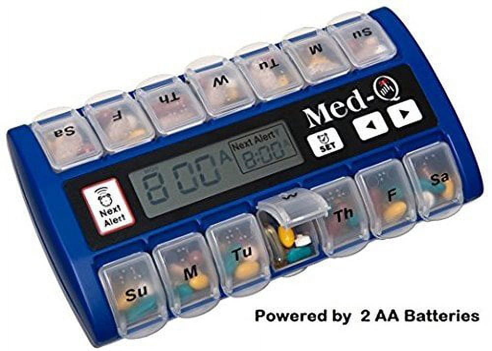 MED-Q Digital Pill Box Organizer, 2 Beep Reminder, LED Alert, Blue
