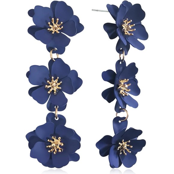 shiyou-Elegant Bohemian Matte Tiered Triple Flower Dangle Drop Earrings Chic Charm Cute Long Floral Stud Earrings for Women Girls Statement Jewelry Gifts