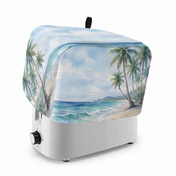 Summer Beach Palm Tree Toaster Cover 4 Slice, Blue Coastal Tropical Ocean Dustproof Bakeware Oven Protector with Top Hook, Waterproof Small Kitchen Appliance Toasters Dust Cover, 12"x11"x8"