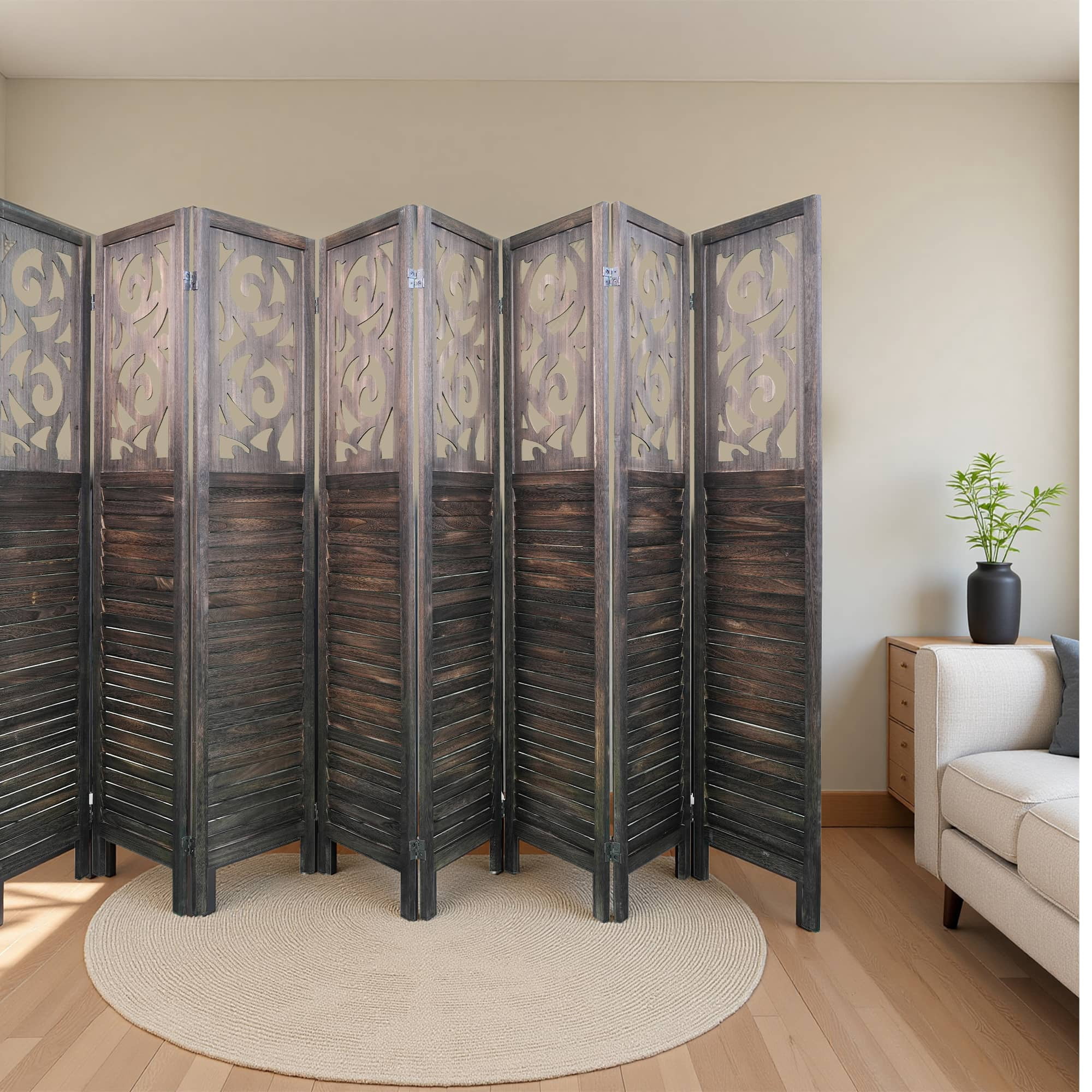MAYEERTY 8 Panel Freestanding Room Dividers, 6FT Carved Wood Folding Privacy Screens, Rustic Brown