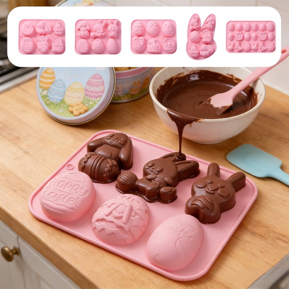 KOYPTL Easter Silicone Chocolate Mold Egg Rabbit Bunny Shaped Mould for Chocolate Candy Cake Fondant Jelly Pudding Manual Soap Hot Chocolate Cocoa Bombs Making of Easter Party Decoration