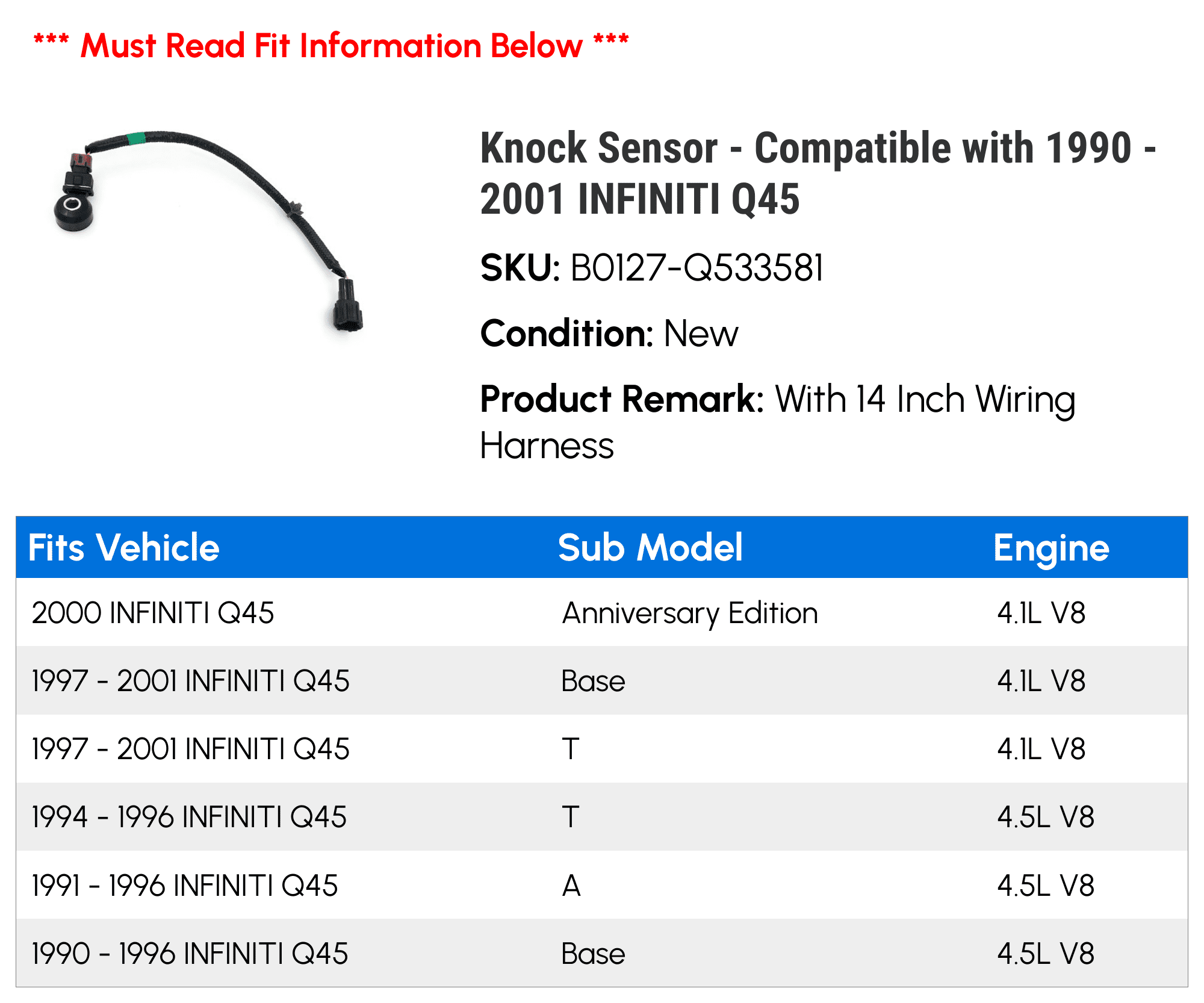 Knock Sensor - Compatible with 1990 - 2001 INFINITI Q45 1991 1992 1993 1994 1995 1996 1997 1998 1999 2000