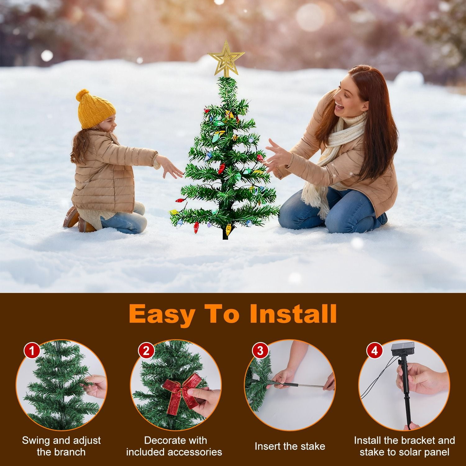2 Pack Christmas Tree Lights Solar Powered, 37.4in 100 LEDs 8 Modes, IP44 Waterproof Holiday Decor & Perfect Gift
