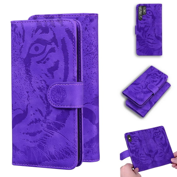 SaniMore Case for Samsung Galaxy S23 Ultra Tiger Embossing Flip Wallet, [RFID Blocking] PU Leather Magnetic Clasp Cover with Card Holder & Kickstand Full Body Protective Shell, Purple